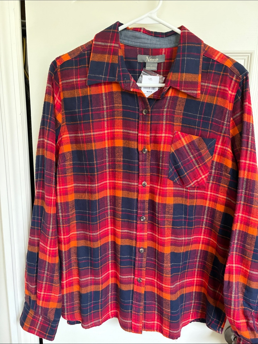 Natural Reflections Red Navy Orange Plaid Flannel Shirt
